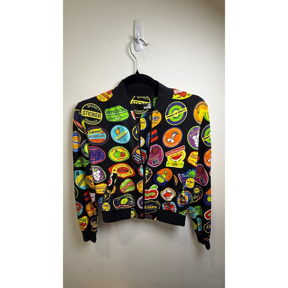 Love Moschino Fruit Sticker Print Bomber Jacket Black Multi Color Size US 4 42